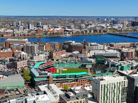 Fenway Park aerial view in Fenway near Kenmore Square in Boston, Massachusetts MA, USA. Fenway Park is the home of MLB team Red Sox.のeditorial素材