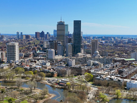 Boston Back Bay modern city skyline including John Hancock Tower, Prudential Tower, and Four Season Hotel at One Dalton Street from Fenway on Huntington Avenue in Boston, Massachusの写真素材