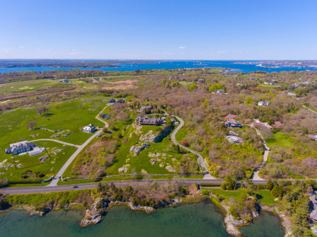 Aerial view of historic mansions at Ocean Drive Historic District near Goose Neck in city of Newport, Rhode Island RI, USA.の写真素材