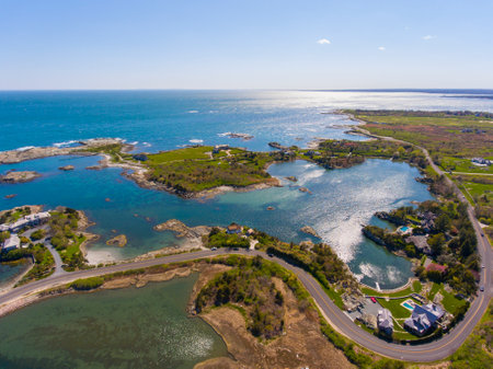 Aerial view of historic mansions at Ocean Drive Historic District near Goose Neck in city of Newport, Rhode Island RI, USA.の写真素材