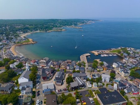 Rockport Harbor aerial view at Sandy Bay in historic waterfront village of Rockport, Massachusetts MA, USA.の写真素材