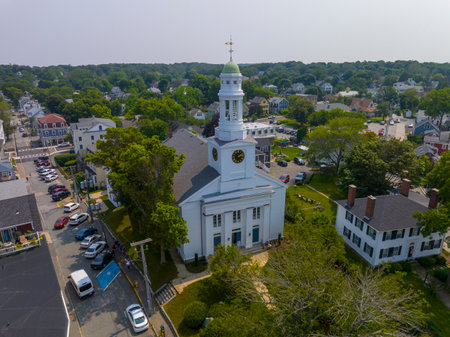 First Congregational Church aerial view at 22 Main Street in historic town center of Rockport, Massachusetts MA, USA.の写真素材