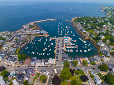 Rockport Harbor aerial view including Bearskin Neck and Motif Number 1 building in historic waterfront village of Rockport, Massachusetts MA, USA.の写真素材