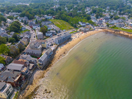 Front Beach aerial view at Sandy Bay in historic waterfront village of Rockport, Massachusetts MA, USA.の写真素材