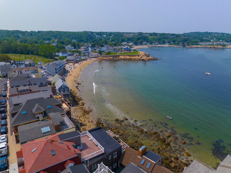Front Beach aerial view at Sandy Bay in historic waterfront village of Rockport, Massachusetts MA, USA.の写真素材