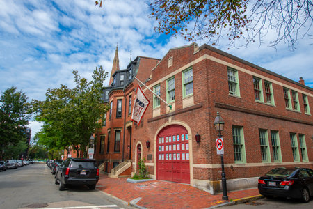 Fire Station at 127 Mt Vernon Street near Charles Street in Beacon Hill district, city of Boston, Massachusetts MA, USA.のeditorial素材
