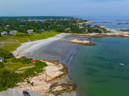 Sandy Beach aerial view at White Head at Sandy Cove in Cohasset Harbor, town of Cohasset, Massachusetts MA, USA.の写真素材