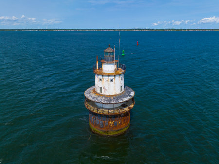 Butler Flats Lighthouse aerial view located at the mouth of Acushnet River at harbor of New Bedford, Massachusetts MA, USA.の写真素材