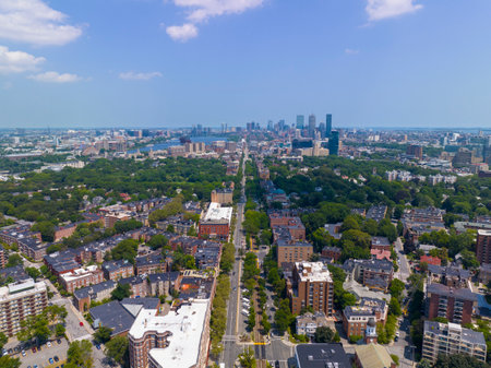 Boston Back Bay skyline aerial view including John Hancock Tower, Prudential Tower, and Four Season Hotel from Coolidge Corner on Beacon Avenue in Brookline near Boston, Massachuseの写真素材