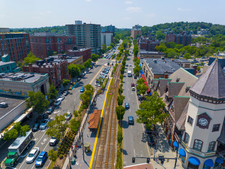 SS Pierce Building aerial view and MBTA Green Line tram at Coolidge Corner on Beacon Street at Harvard Street, Brookline, Massachusetts MA, USA.のeditorial素材