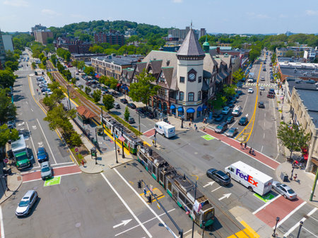 SS Pierce Building aerial view and MBTA Green Line tram at Coolidge Corner on Beacon Street at Harvard Street, Brookline, Massachusetts MA, USA.のeditorial素材
