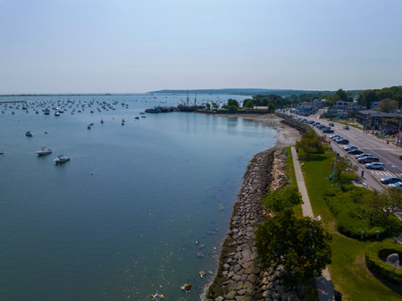 Plymouth Harbor waterfront and Plymouth Village Historic District aerial view, including Antique ship Mayflower, in town center of Plymouth, Massachusetts MA, USA.の写真素材