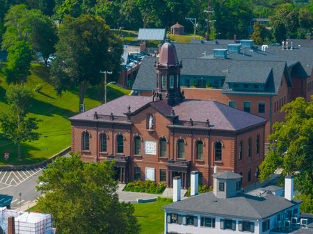 Plymouth town hall aerial view at 26 Court Street in historic town center at Plymouth, Massachusetts MA, USA.の写真素材