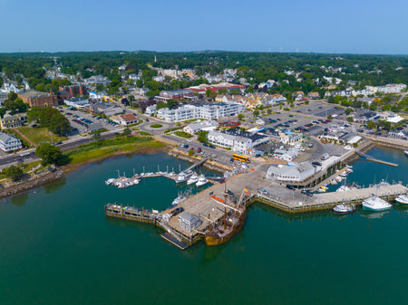 Plymouth town wharf aerial view including historic tall ship Nao Trinidad in historic town center of Plymouth, Massachusetts MA, USA.の写真素材