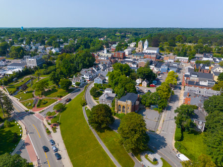 Plymouth historic town center aerial view including Town Square on Main Street, Plymouth, Massachusetts MA, USA.の写真素材