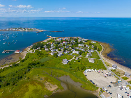 Scituate Harbor aerial view including First Cliff village in town of Scituate, Massachusetts MA, USA.の写真素材