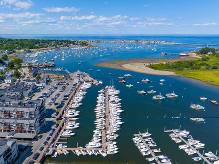 Scituate Harbor aerial view including Bulman Marine and Harbor Marina in town of Scituate, Massachusetts MA, USA.の写真素材