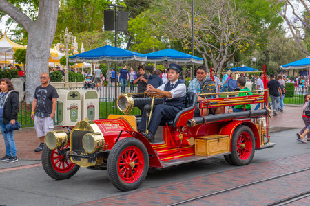 Antique fire truck on Main Street at Disneyland Park in Anaheim, California CA, USA.のeditorial素材