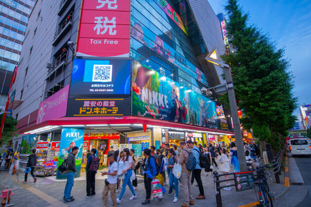 Akihabara Electric Town at sunset with twilight on Chuo-dori Avenue in Chiyoda ward of Tokyo, Japan.のeditorial素材
