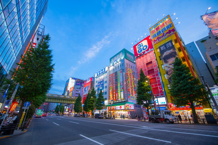Akihabara Electric Town at sunset with twilight on Chuo-dori Avenue in Chiyoda ward of Tokyo, Japan.のeditorial素材