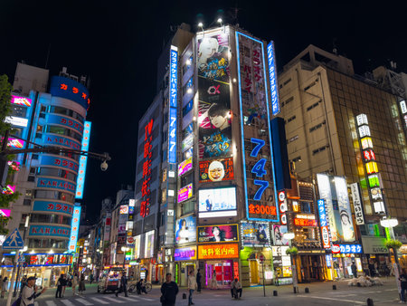 Kabukicho night scene at Shinjuku Toho Building near Central Road in Shinjuku City, Tokyo, Japan.のeditorial素材