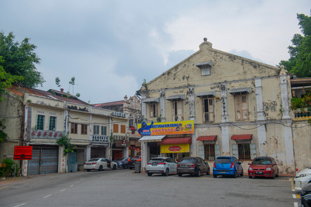 Historic commercial buildings on Jalan Kampung Pantai Street in historic city center of Melaka, Malaysia. Historic cities of the Straits of Malacca is a UNESCO World Heritage Site.のeditorial素材
