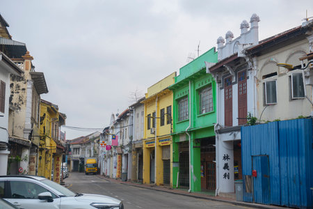 Historic commercial buildings on Jalan Kampung Pantai Street in historic city center of Melaka, Malaysia. Historic cities of the Straits of Malacca is a UNESCO World Heritage Site.のeditorial素材