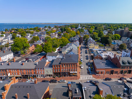 Newburyport historic downtown aerial view on State Street, Newburyport, Massachusetts MA, USA.の写真素材