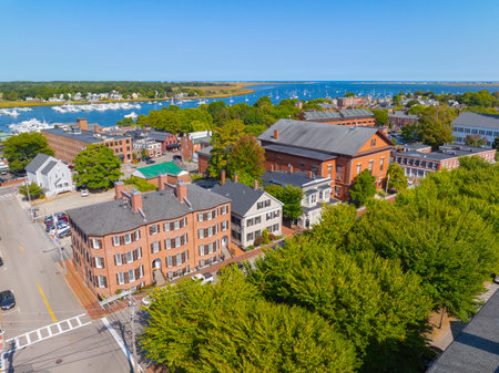 Newburyport historic downtown aerial view including City Hall on Pleasant Street at Brown Square, Newburyport, Massachusetts MA, USA.の写真素材