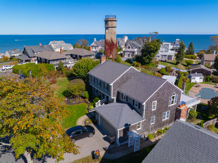 Point Allerton Fire Control Tower (FCT) aerial view in historic village of Allerton, the peninsula is part of Hull, Massachusetts MA, USA.の写真素材