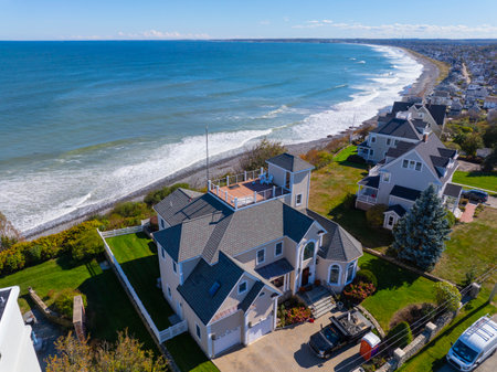 Historic waterfront house aerial view at village of Allerton in Hingham Bay in Boston Harbor, the peninsula is part of Hull, Massachusetts MA, USA.の写真素材