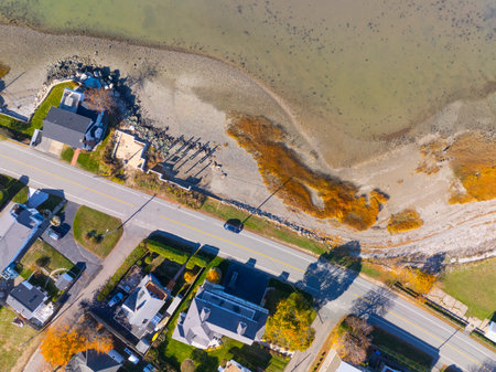Sunset Point aerial view in fall with historic waterfront building in Hingham Bay, town of Hull, Massachusetts MA, USA.の写真素材