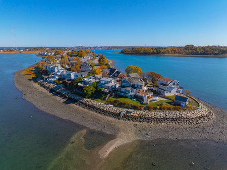 Sunset Point aerial view in fall with historic waterfront building in Hingham Bay, town of Hull, Massachusetts MA.の写真素材