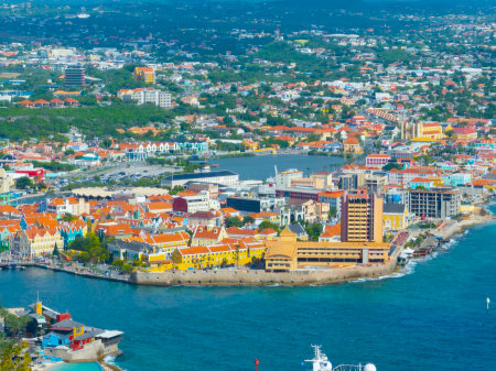 Willemstad historic city center aerial view including Fort Amsterdam and Waterfort in Punda in city of Willemstad, Curacao. Historic Willemstad is a UNESCO World Heritage Site.の写真素材