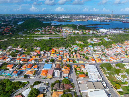 Otrobanda historic center aerial view with Schottegat Bay at the background in city of Willemstad, Curacao. Historic Willemstad is a UNESCO World Heritage Site.の写真素材