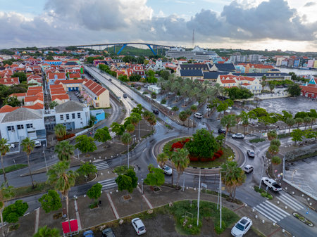 Roundabout with Christmas decoration aerial view on Pater Euwensweg at Arubastraat in Otrobanda center in city of Willemstad, Curacao. Historic Willemstad is a UNESCO World Heritage site.の写真素材