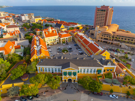 Willemstad historic city center aerial view including Fort Amsterdam in Punda in city of Willemstad, Curacao. Historic Willemstad is a UNESCO World Heritage Site.の写真素材