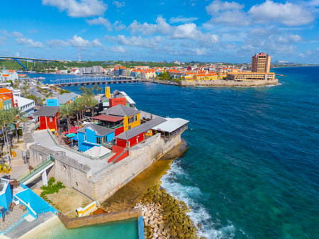 Rif Fort aerial view with modern stores at the mouth of Sint Anna Bay in Otrobanda, city of Willemstad, Curacao. Historic Willemstad is a UNESCO World Heritage Site.の写真素材