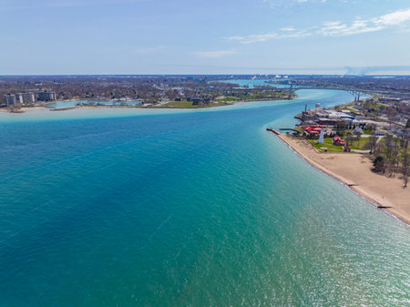Aerial view of entrance to the St. Clair River from Lake Huron with Fort Gratiot Lighthouse and Blue Water Bridge, at Port Huron, Michigan MI, USA.の写真素材