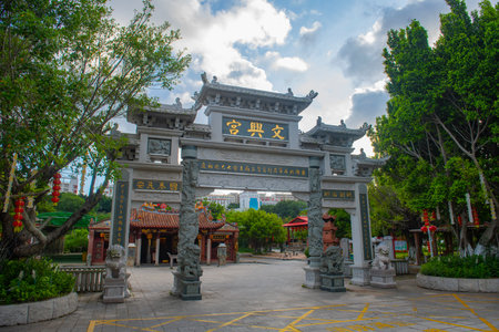 Gateway Pailou of Wenxing Temple. This temple is a traditional style temple in Fengze District in city of Quanzhou, Fujian Province, China.の写真素材