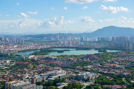 Quanzhou city aerial view including historic Licheng district and Xihu (West Lake) Park, from top of Mount Qingyuan, Quanzhou, Fujian Province, China.の写真素材