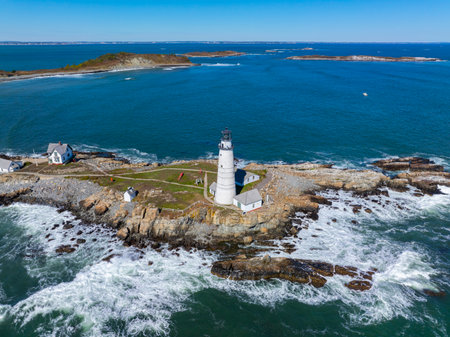 Boston Lighthouse on Little Brewster Island in Boston Harbor, Boston, Massachusetts MA, USA.の写真素材