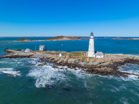 Boston Lighthouse on Little Brewster Island in Boston Harbor, Boston, Massachusetts MA, USA.の写真素材