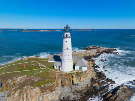 Boston Lighthouse on Little Brewster Island in Boston Harbor, Boston, Massachusetts MA, USA.の写真素材