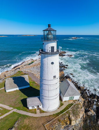 Boston Lighthouse on Little Brewster Island in Boston Harbor, Boston, Massachusetts MA, USA.の写真素材
