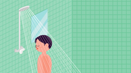 little boy taking a showerのイラスト素材