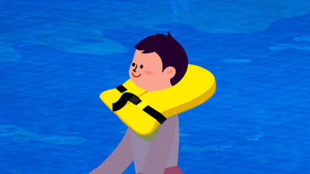 Child wearing head life jacket
