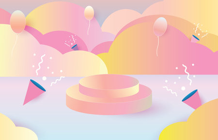 Product podium in pastel color background with clouds and balloons. Empty space for kids or baby product.のイラスト素材