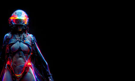 3D render mixed media cyborg woman A stunning cinematic rendering of a female techno with a black background.の写真素材