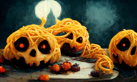 3D Illustration of a Halloween Concept Background. Halloween skull pasta with red eyes in the dish for celebration party decoration.の写真素材